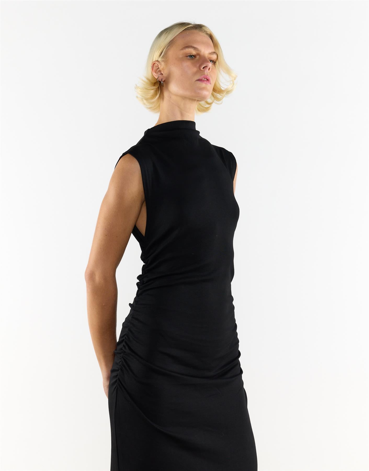 Black Cotton Mock Neck Long Dress