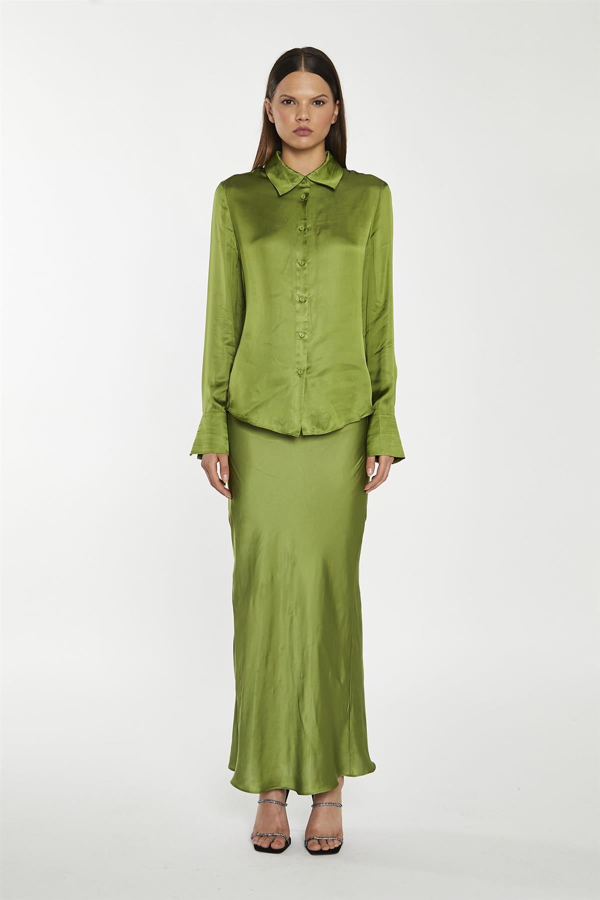 Dark-Apple Green Bias-Cut Midi-Skirt