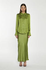 Dark-Apple Green Bias-Cut Midi-Skirt