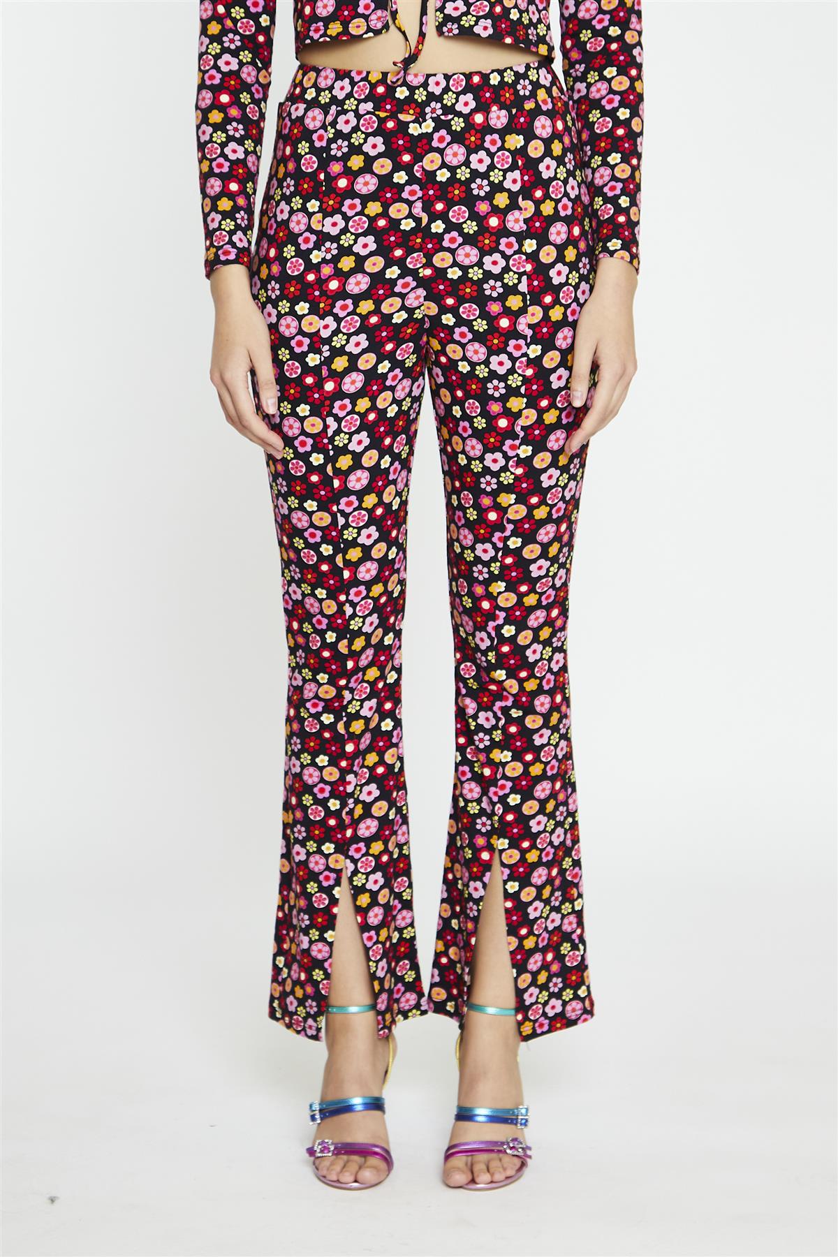 Black 60S Flower Split-Front Flared Trousers