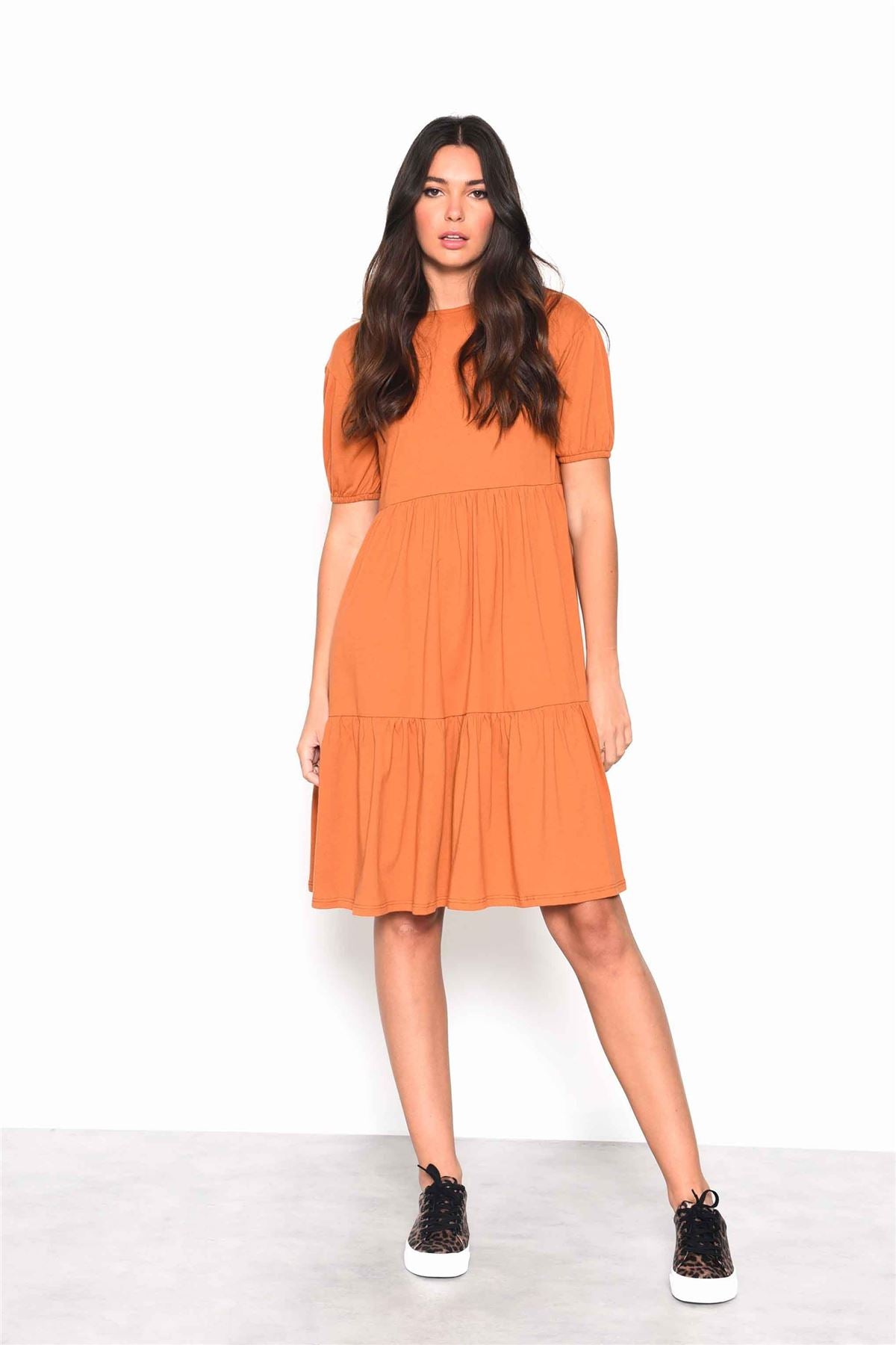 Rust Tiered Smock Midi Dress