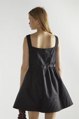 Black Button Front Pleated Mini-Dress