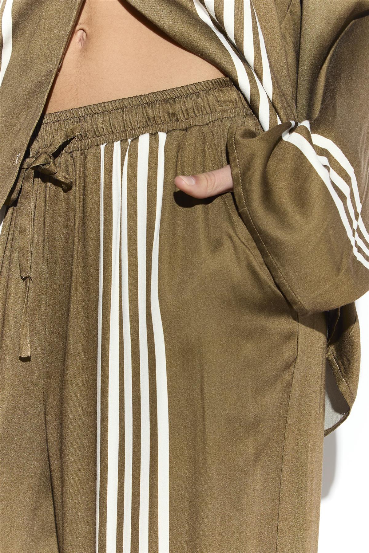 Olive Cream Stripe Wide Leg Trousers