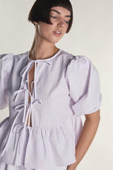 Light Pink Stripe Tie Front Puff Sleeve Top