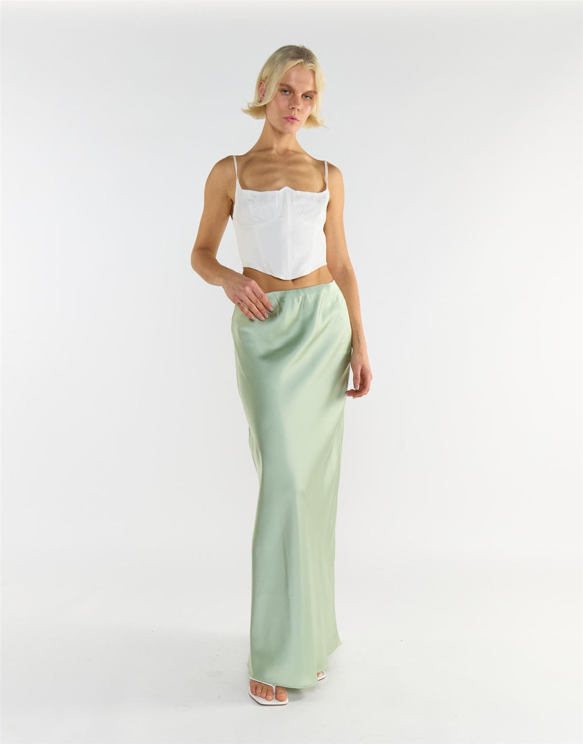 Bias Cut Maxi Skirt - Sage Green Sateen