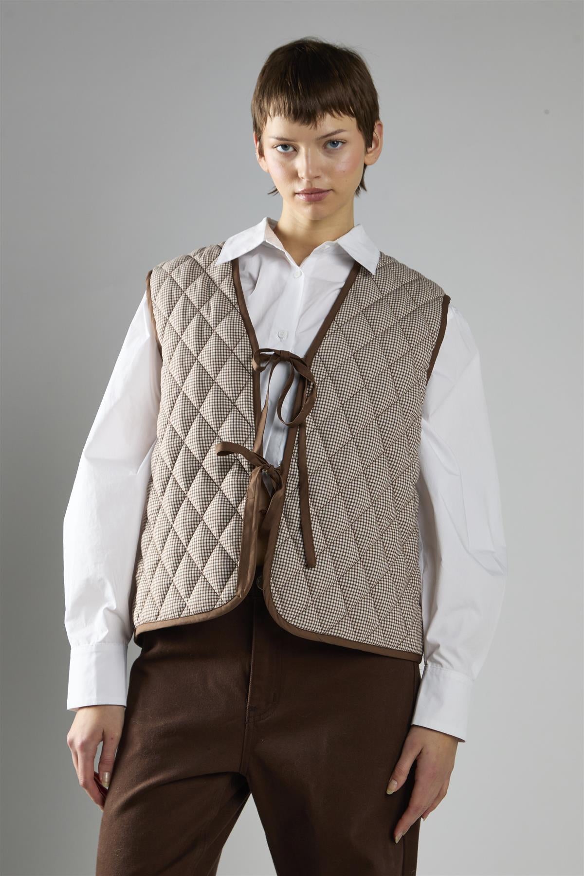 Brown Cream Gingham Quilted Front Tie Gilet