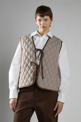 Brown Cream Gingham Quilted Front Tie Gilet