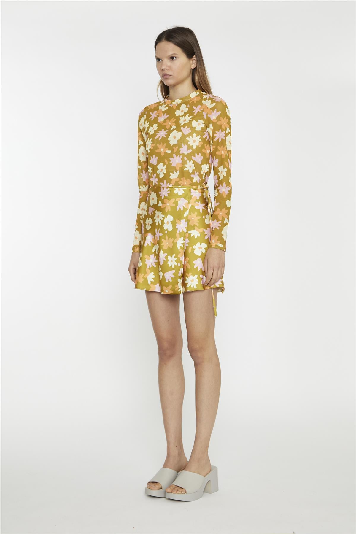 Olive Multi-Flower Wrap Mini-Skirt
