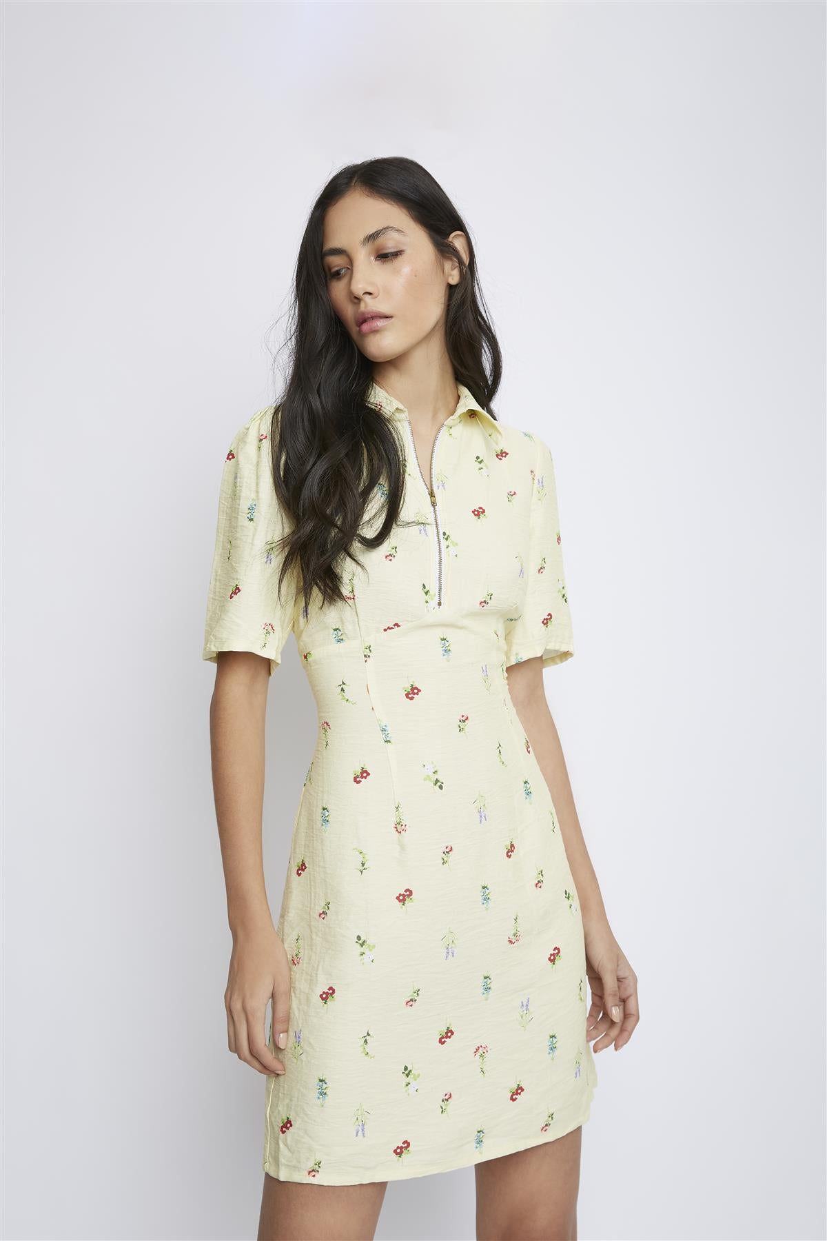 Botanical-Ditsy Cinched-Waist-Quarter-Zip Mini-Dress