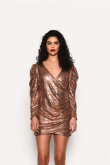 Bronze-Sequin Fixed Wrap Mini-Dress