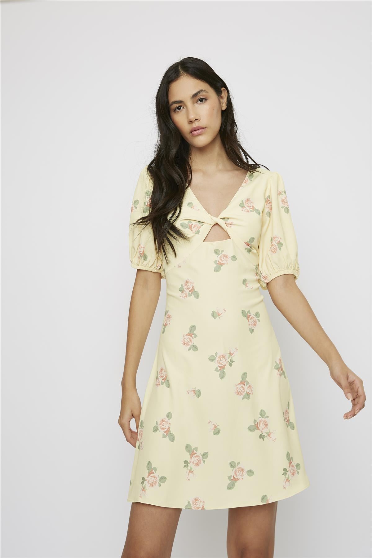 Yellow-Pink-Rose Short-Puff-Sleeve-Front-Knot Mini-Dress