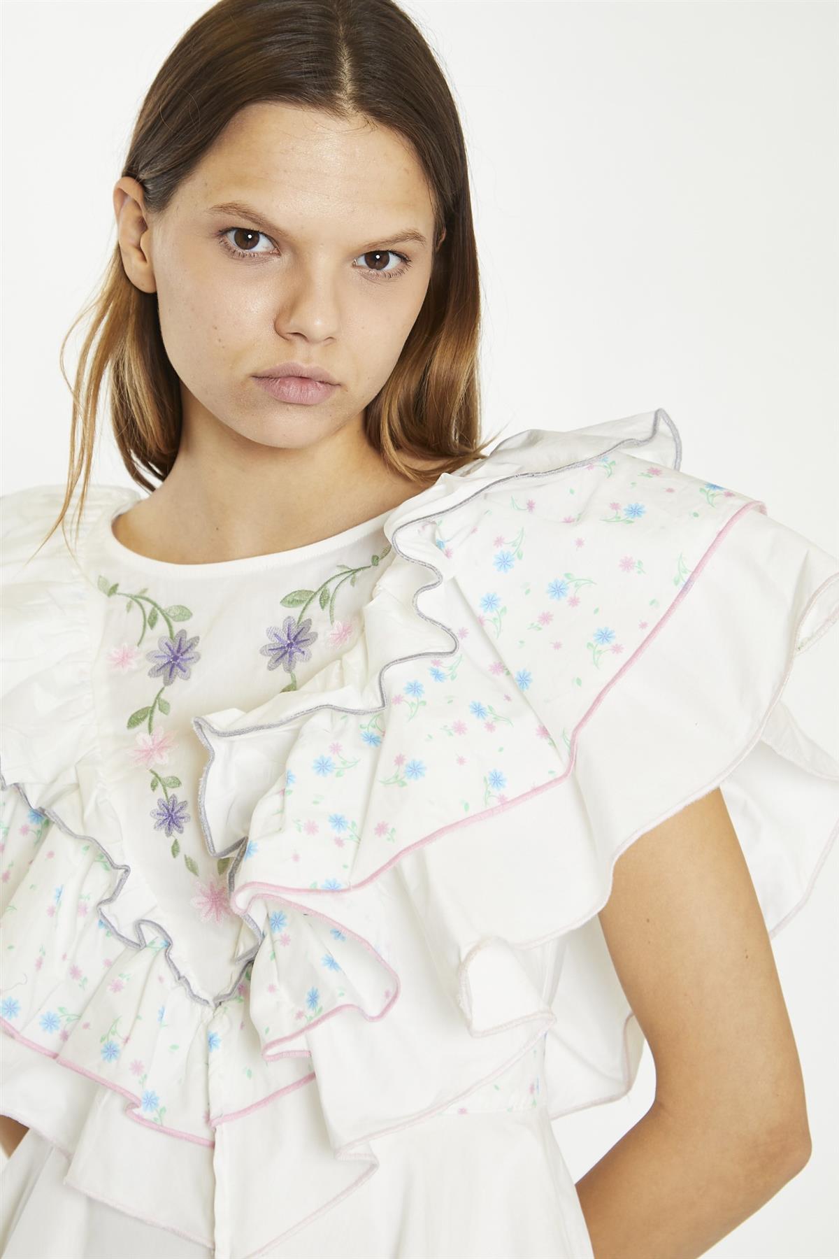 White/Blue/Pink Ditsy-Mix Tiered-Frill Mini-Dress