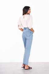 Ecru Puff Sleeve Blouse with Crochet Trim