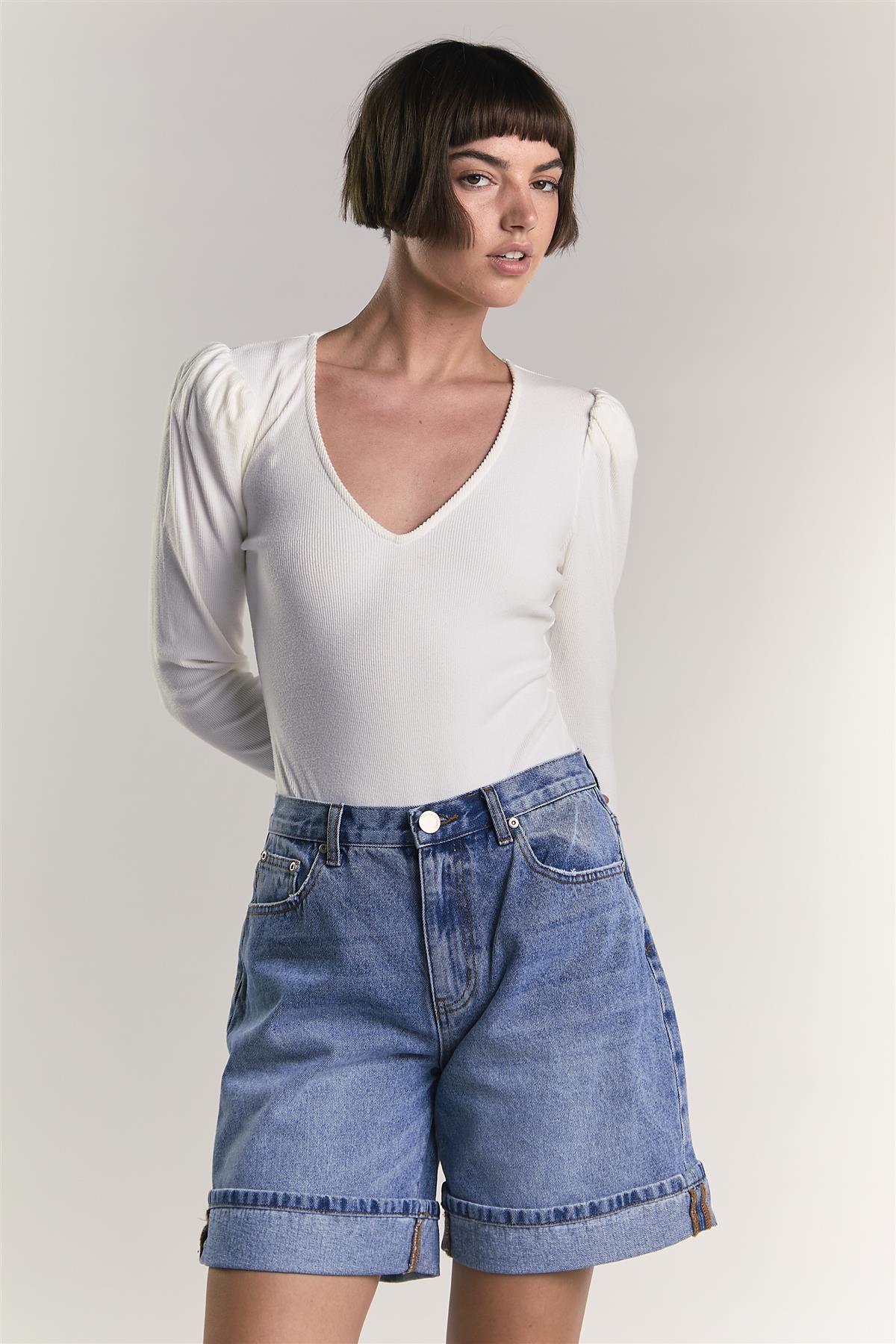 Off-White-Rib V-Neck Puff Shoulder-Bodysuit