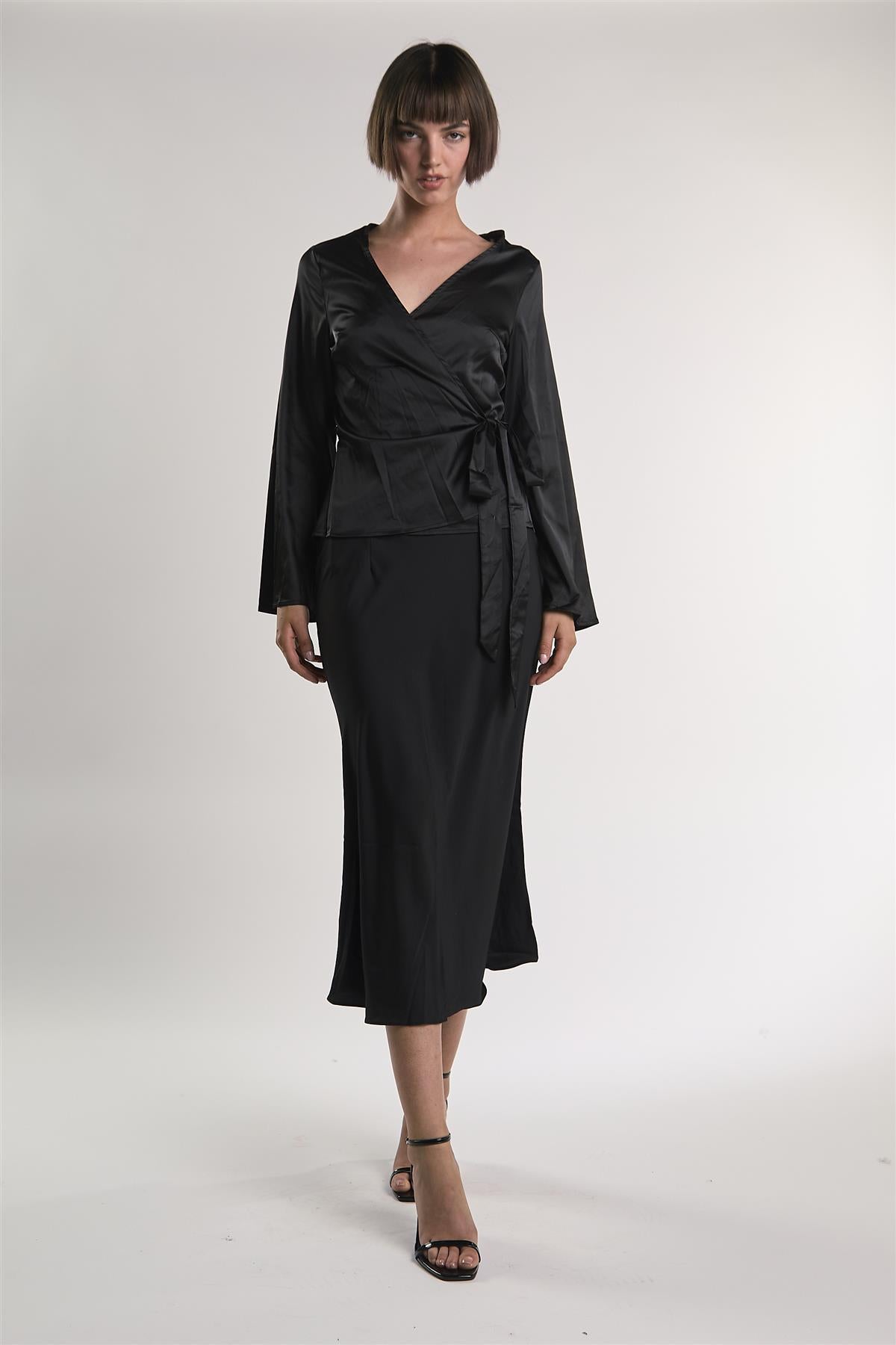 Black-Sateen Wrap Long Sleeve-Top