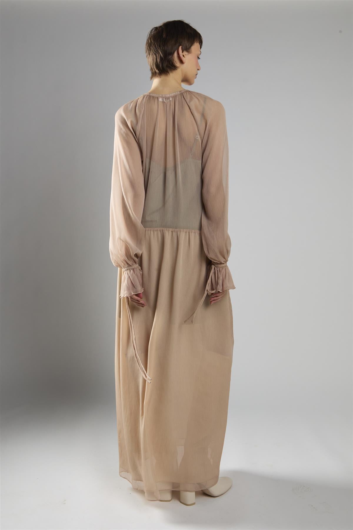 Nude Crinkle Long Sleeve Ruffle Maxi Dress
