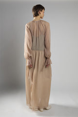 Nude Crinkle Long Sleeve Ruffle Maxi Dress