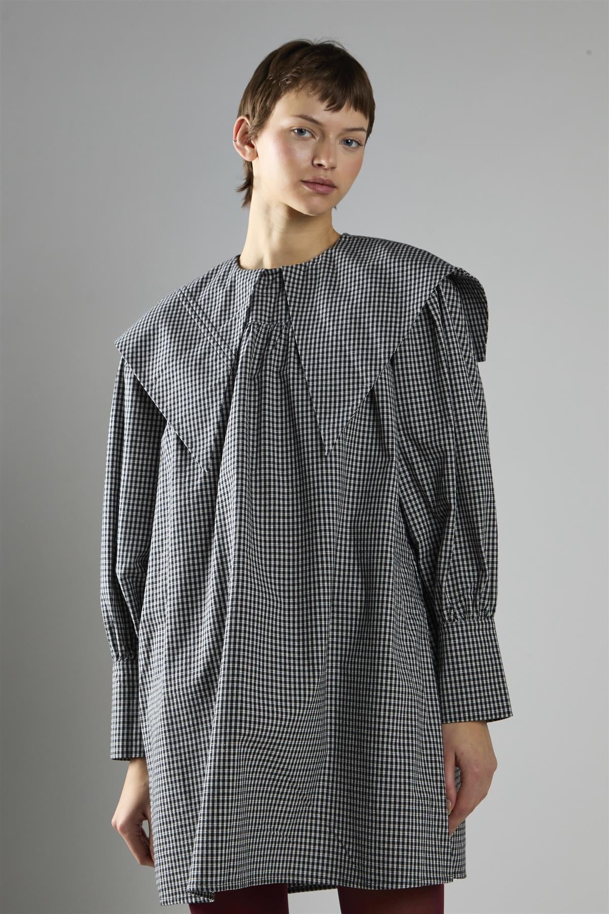 Black Check Oversized Collar Mini Dress