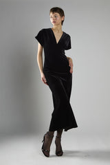 Black Velvet Short Sleeve V-Neck Maxi Dress