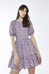 Blue Texture-Floral Ruffle-Hem Mini-Dress