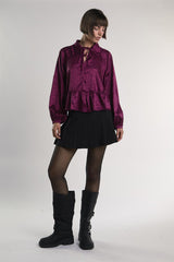 Plum-Leopard-Jacquard Long Puff Sleeve-Top