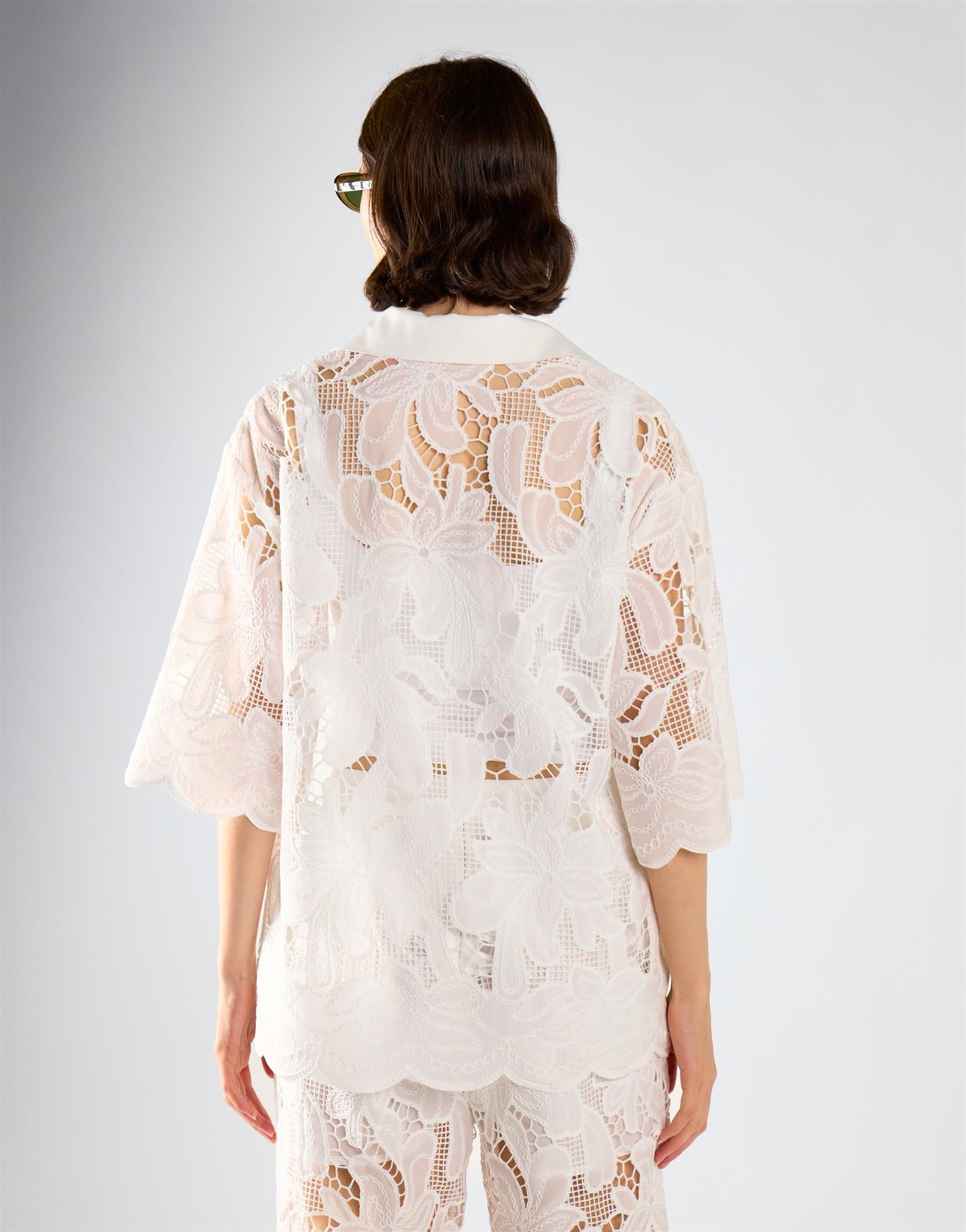 White Embroidered Flare Short Sleeve Shirt