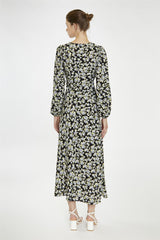 V neck Maxi Dress - Black Grey Flower