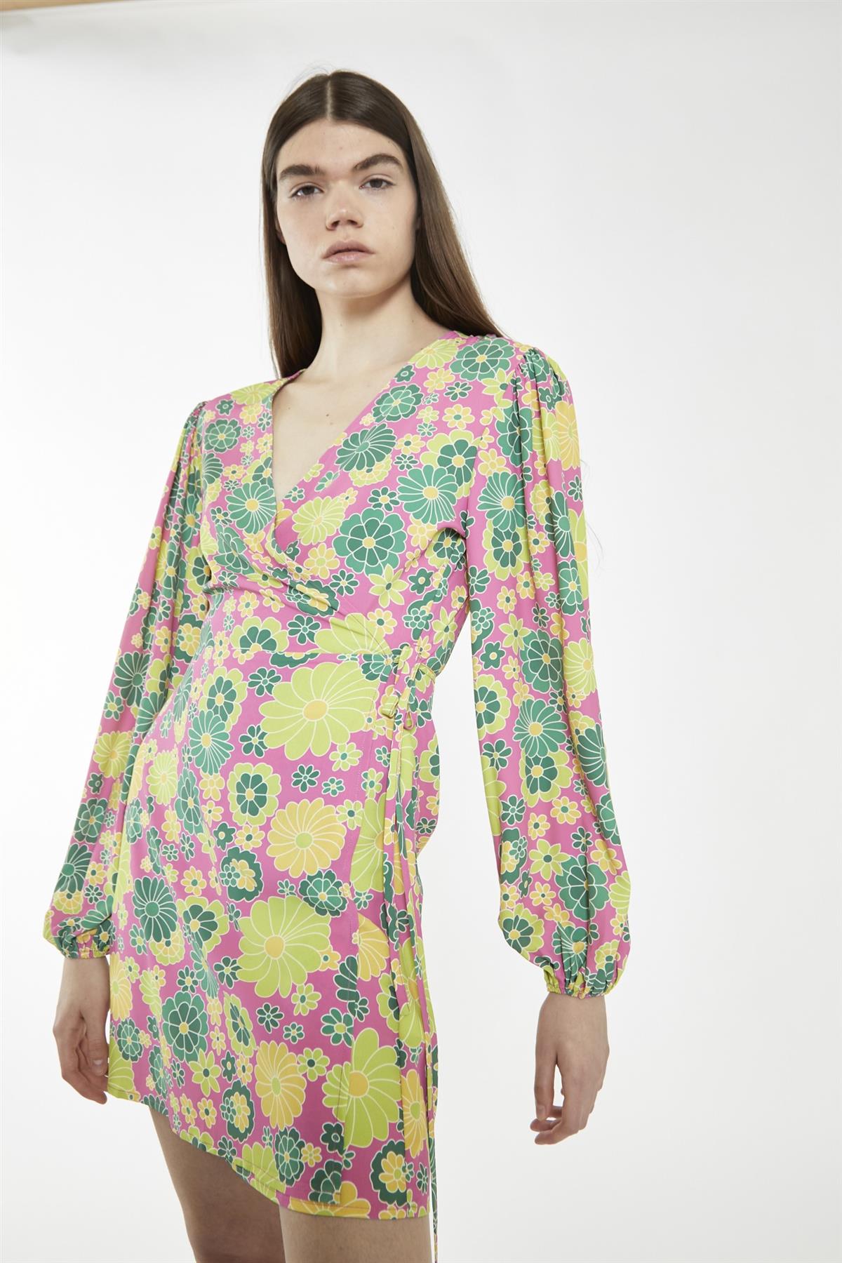 Pink-Multi-60S-Flower Wrap Mini-Dress