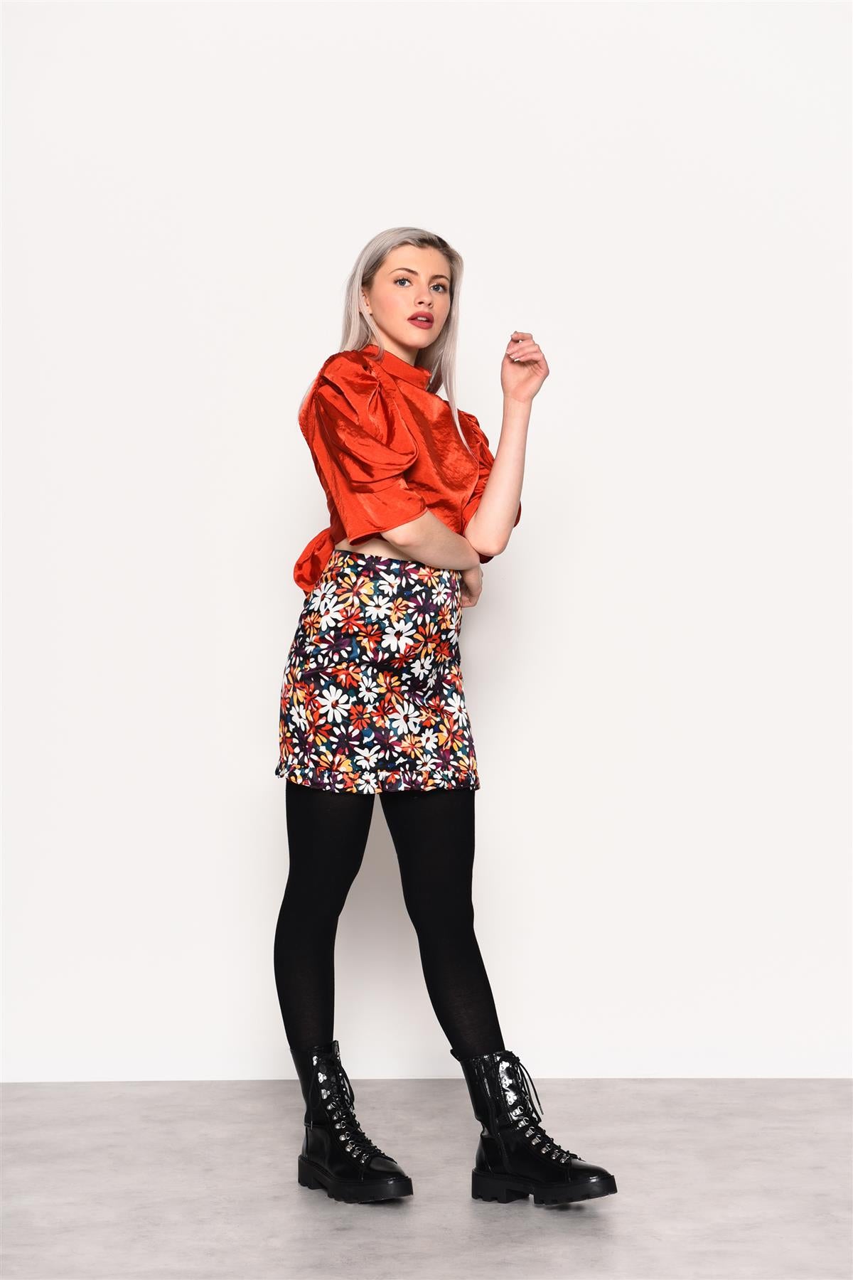 Painted-Daisy High-Waisted Mini-Skirt