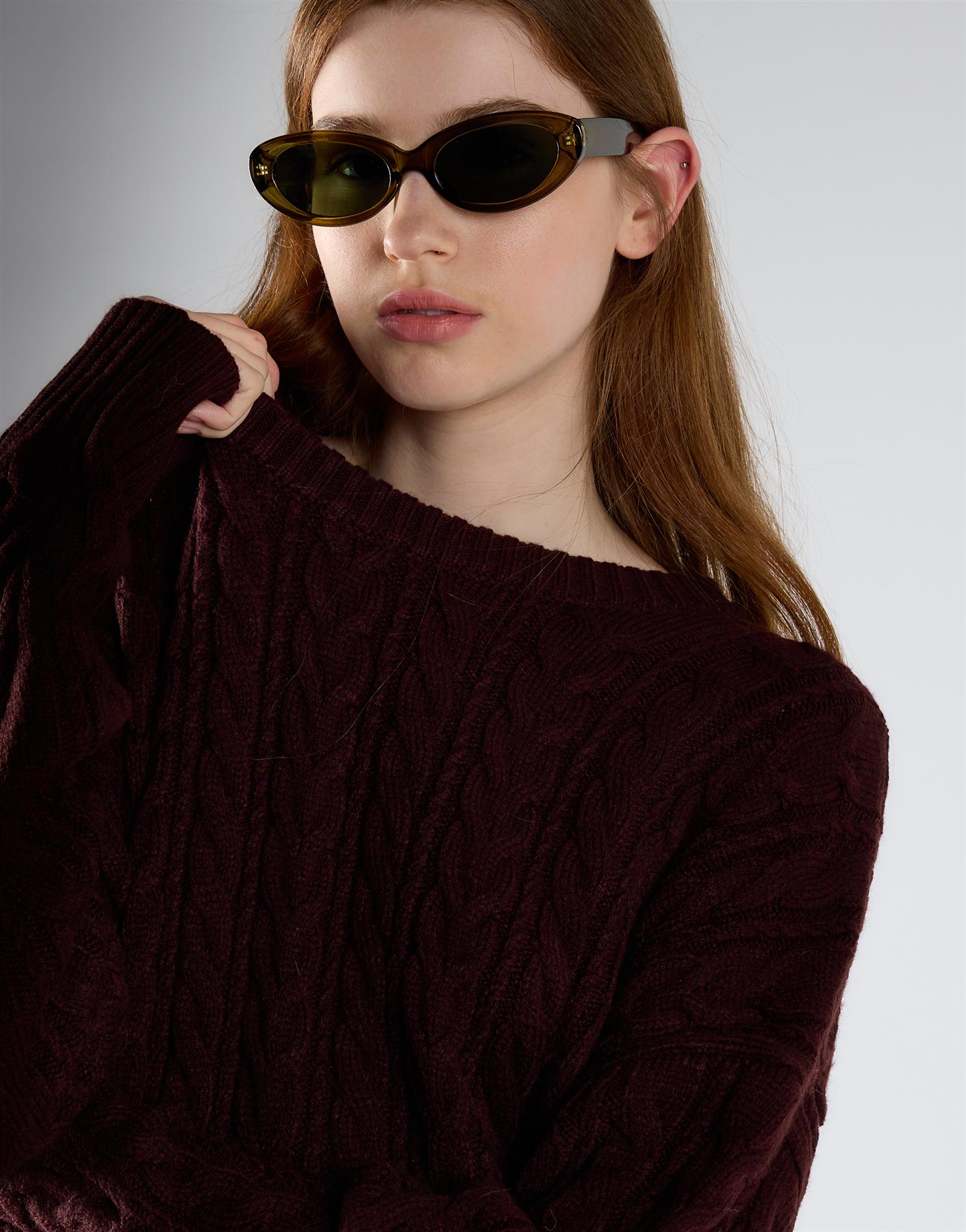 Oxblood Cable Knit Crew Neck Jumper
