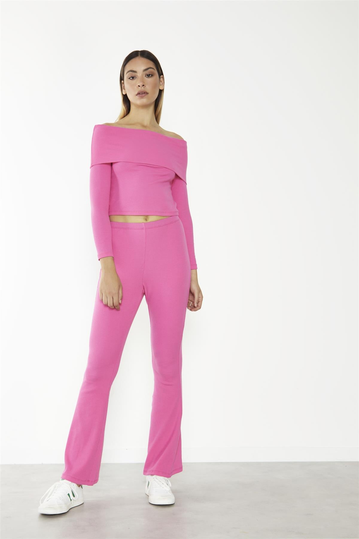 Hot-Pink Mid-Rise Flare-Trousers