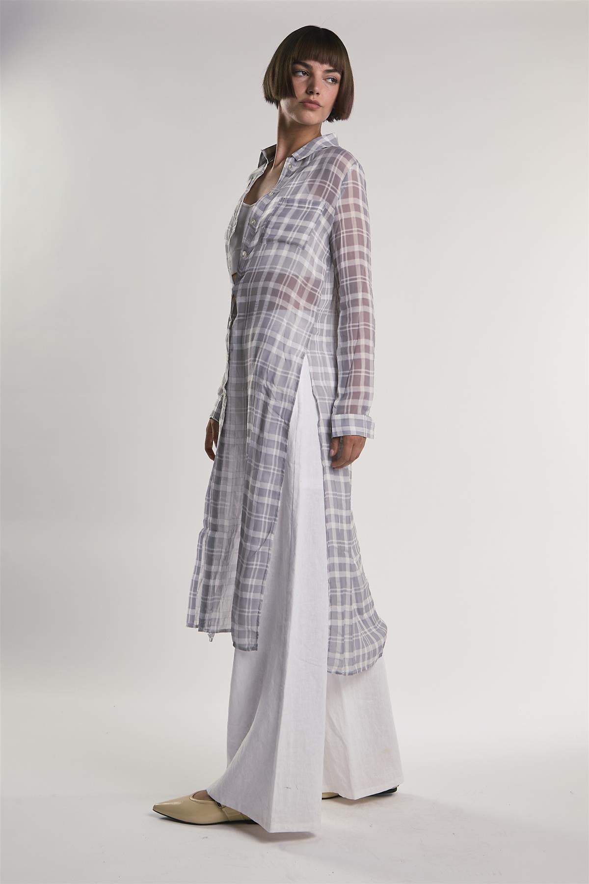 Grey/White-Check Sheer Midi-Top
