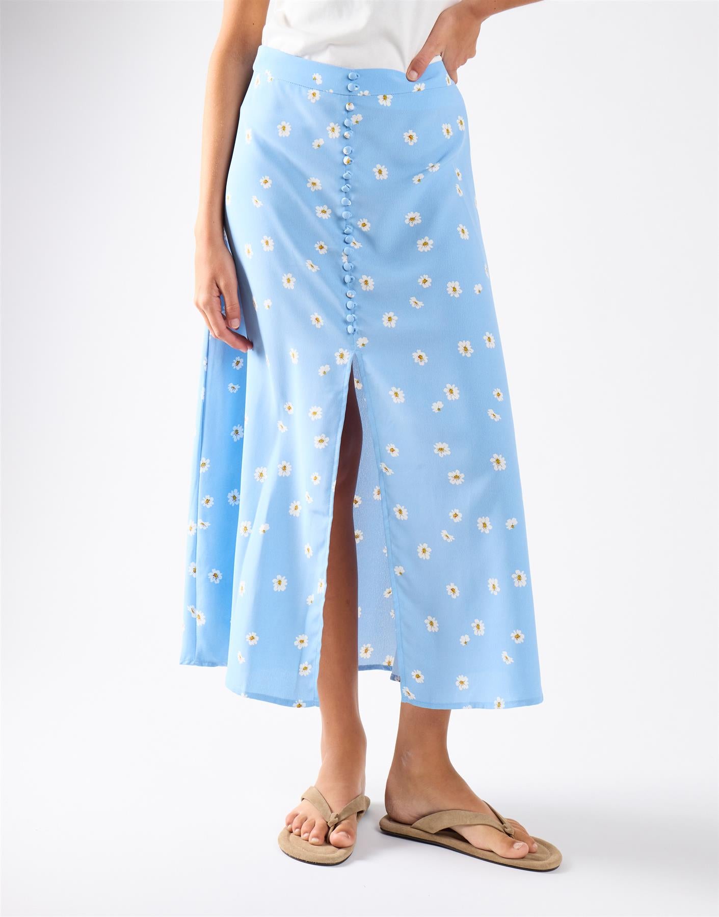Blue Spaced Floral Button-Up Maxi Skirt