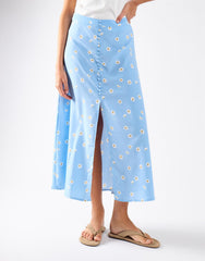 Blue Spaced Floral Button-Up Maxi Skirt