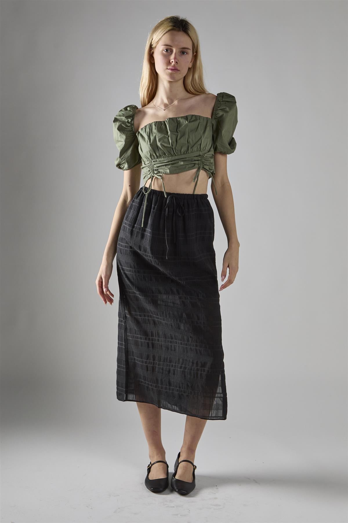 Black Check High-Waist Split Thigh Midaxi-Skirt