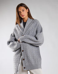 Grey Marl Cable Knit Midi Length Cardigan