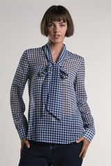 Navy/White-Gingham Front-Tie Long-Sleeve-Top