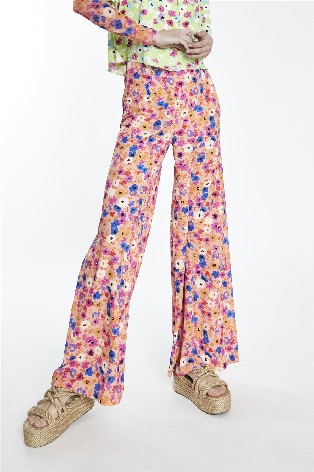 Multi Orange Floral High-Waist Loose-Trousers
