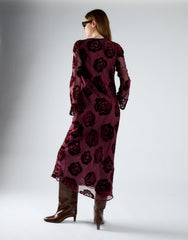 Burgundy Devore Rose Sheer Midi Dress