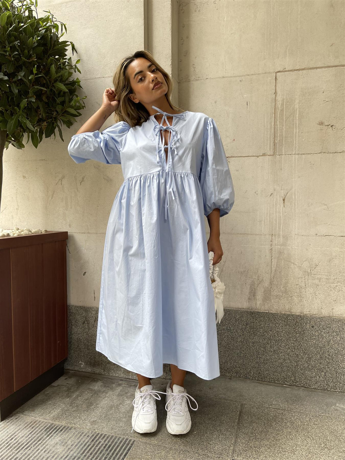 Powder-Blue Tie-Front Midi-Dress