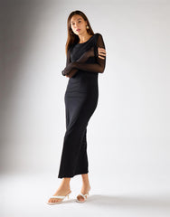 Black Mesh Long Sleeve Bodycon Midi Dress
