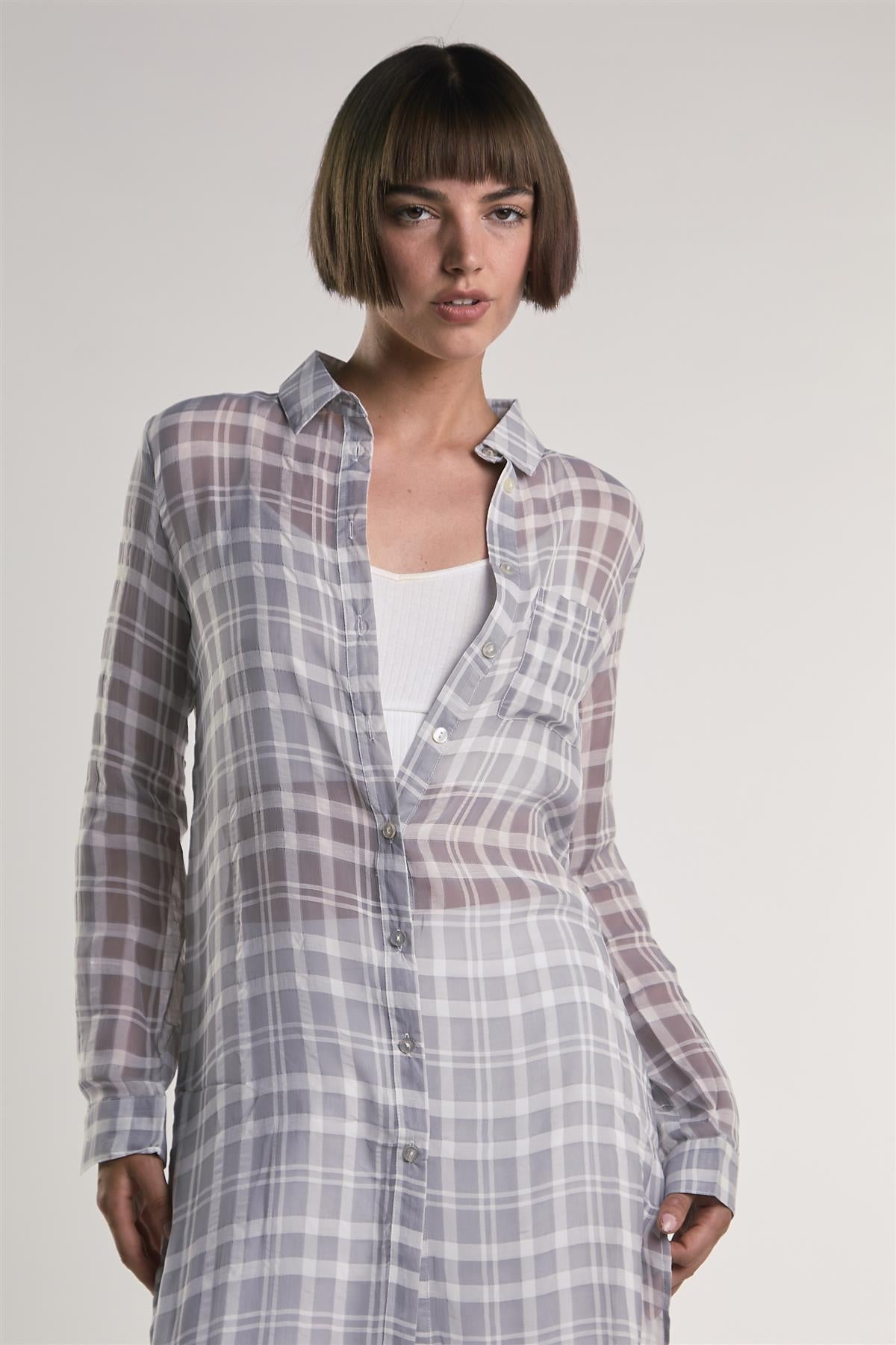 Grey/White-Check Sheer Midi-Top