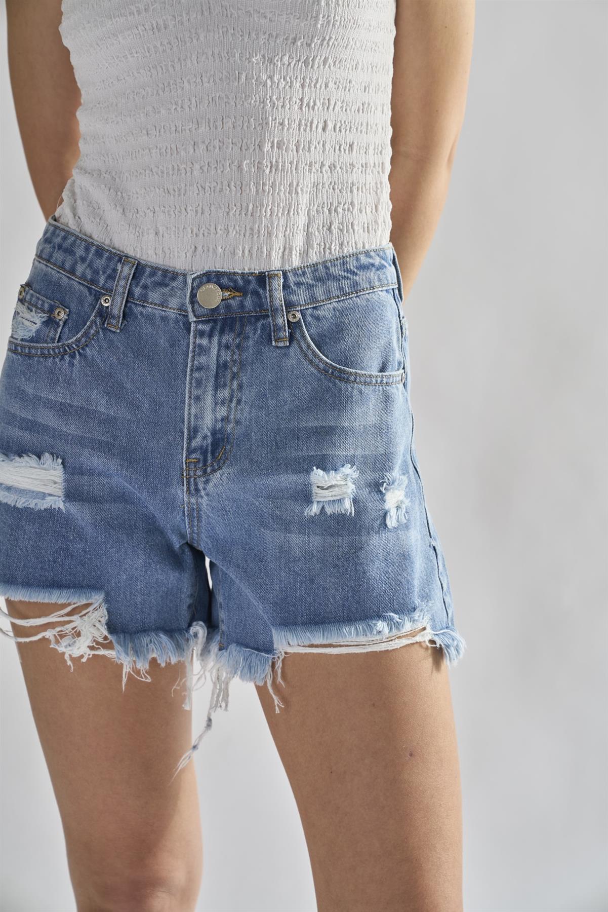 Authentic Mid Blue Ripped Denim Shorts