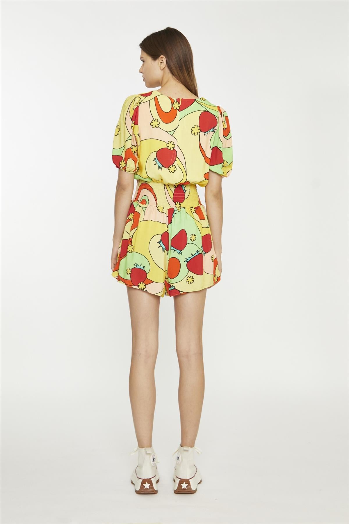 Orange-Swirl Strawberry Shirred Waist Loose-Playsuit