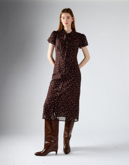 Brown-Cream Spot Tie Neck Midi Dress