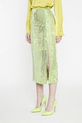 Iridescent-Lime-Sequin Side-Split Midi-Skirt