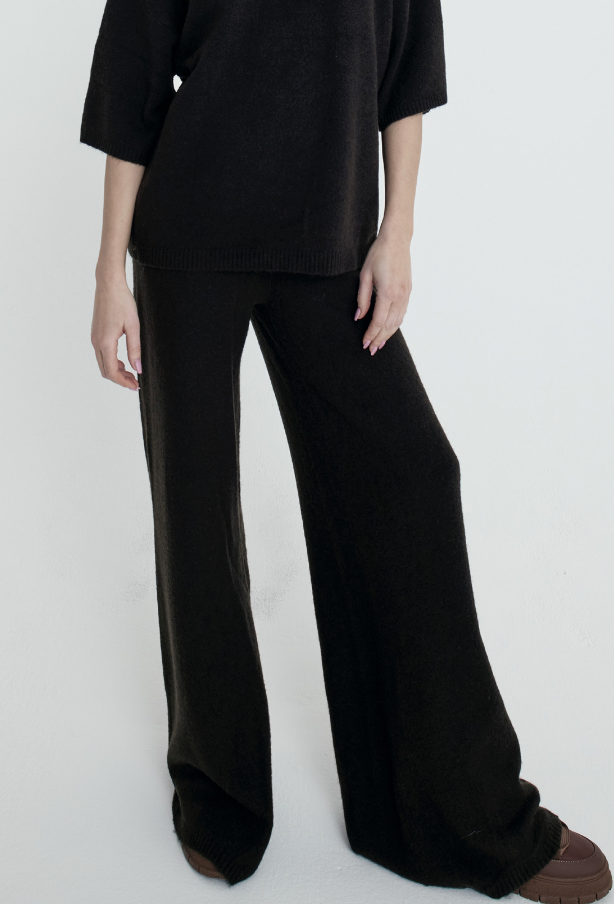 Khaki Brown Knitted Flare Trousers