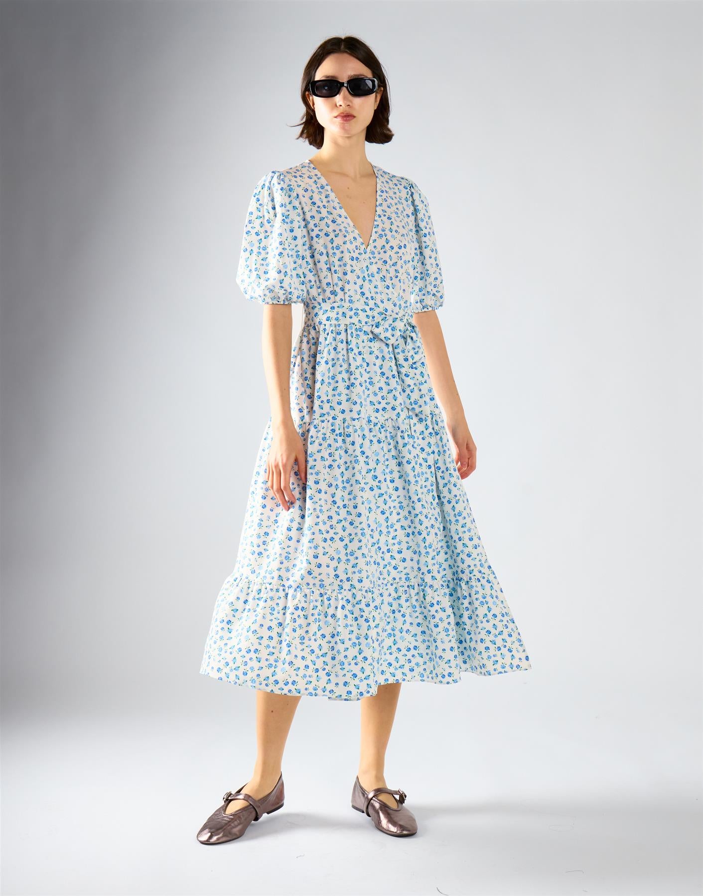Blue Bud Floral Wrap V-Neck Midi Dress
