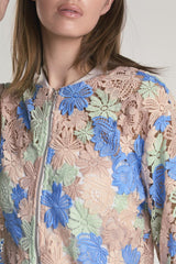 Blue-Nude-Green-Rose Cutwork Zip-up-Jacket