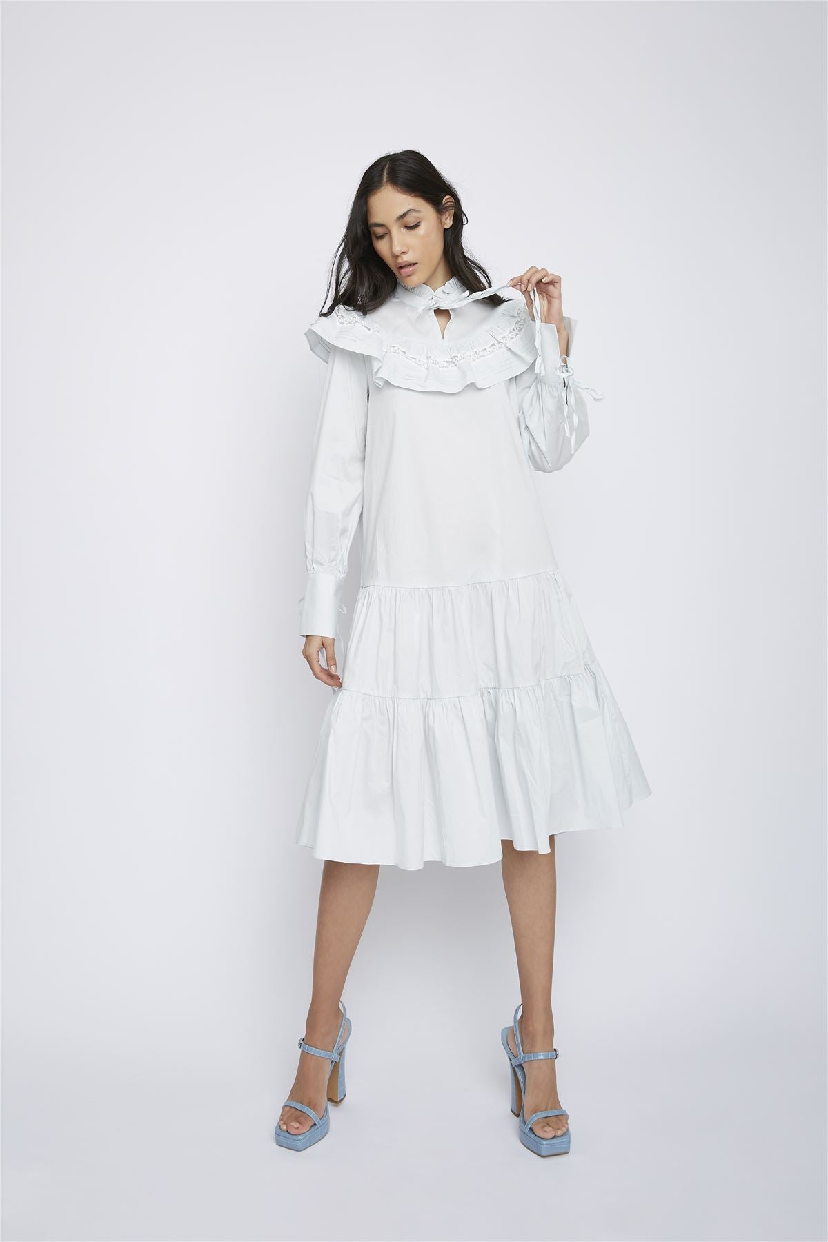 Pale Blue Broderie Ruffle Detail Midi Dresses